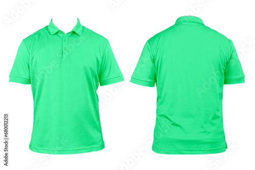 Blank clothing for design. Light green polo shirt, clothing on isolated white background, front and back view, isolated white, plain t-shirt.
