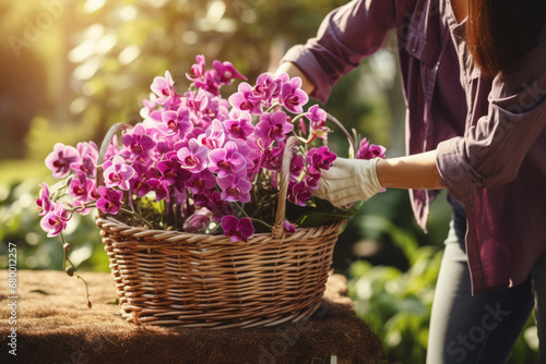 A gardener is putting orchids in a basket in the garden