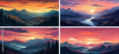 landscape mountains nature forest sky vector tree hill panorama sunrise travel view background 