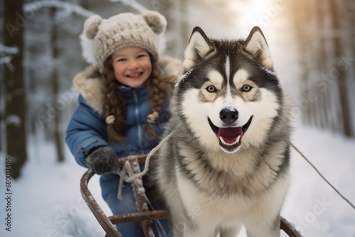 Cute little girl with her dog husky in winter forest. photo