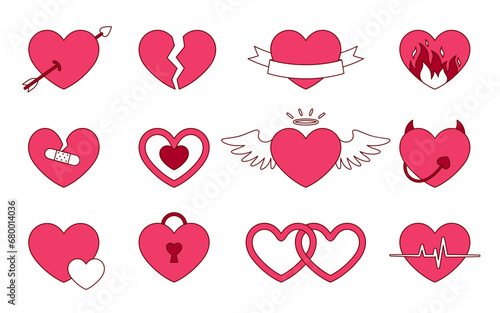 Love heart icon saint valentine day y2k aesthetic doodle outline flat set. Pink enchanted lock angel broken heart devil wedding amur cupid arrow pulse ribbon congrats pendant patch reconcile isolated
