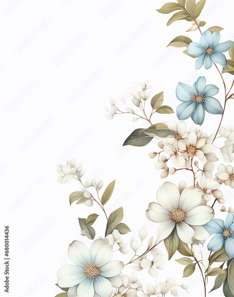 Illustration branches of white and blue wild flowers. Bouquet in pastel colors