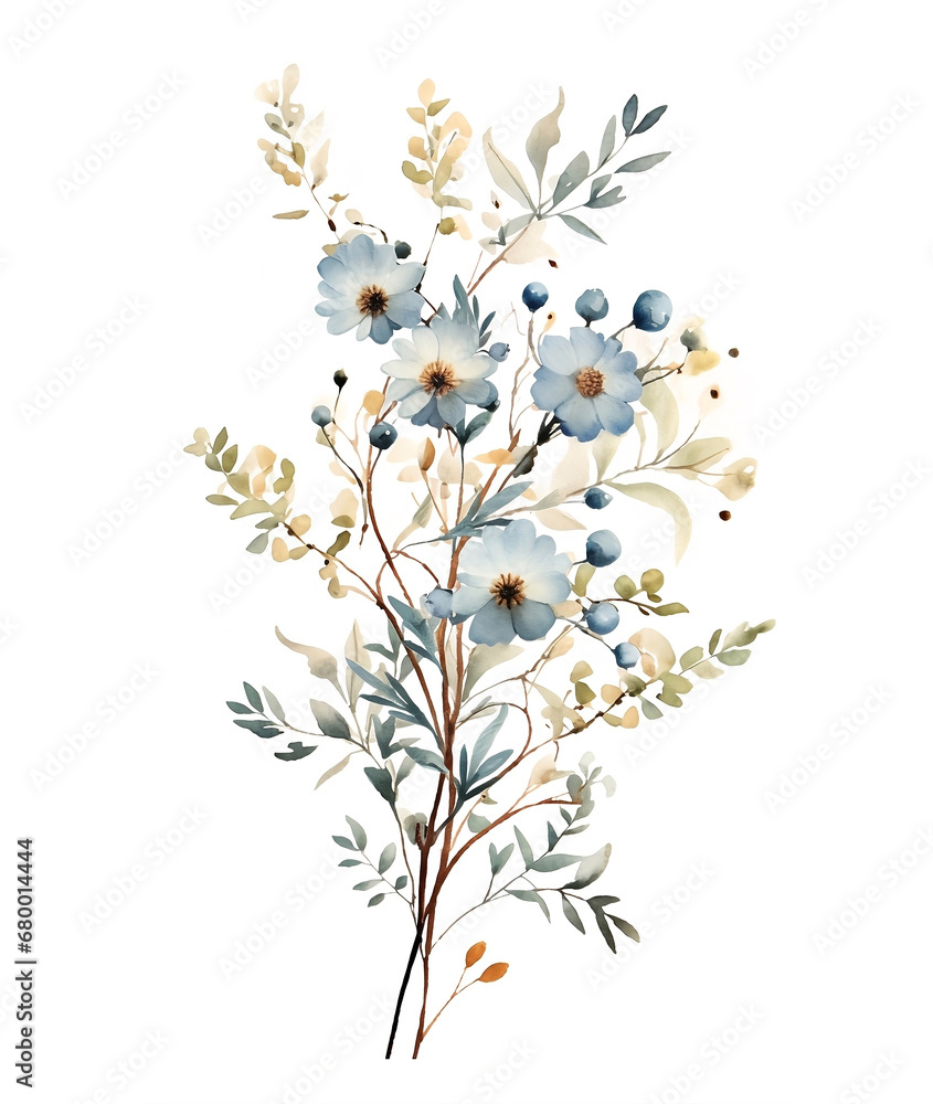 Illustration of branches blue wild flowers. Bouquet in pastel blue colors