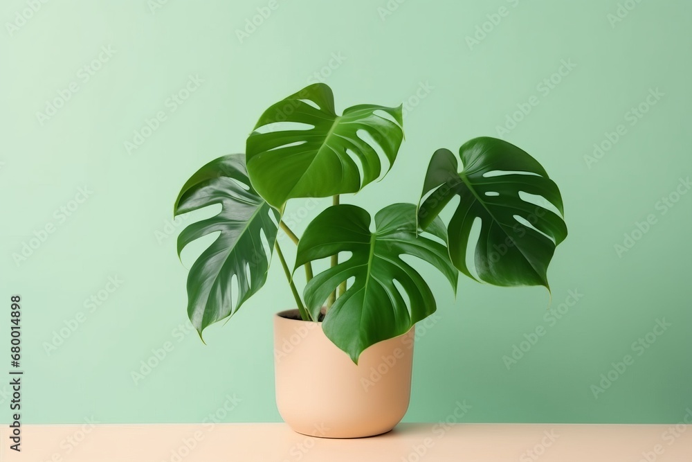 Close up of large leaf house plant Monstera deliciosa in a flower pot on a colorful background, home gardening and connecting with nature. Interior minimalism and urban jungle concept Close up of large leaf house plant Monstera deliciosa in a flower pot on a colorful background, home gardening and connecting with nature. Interior minimalism and urban jungle concept