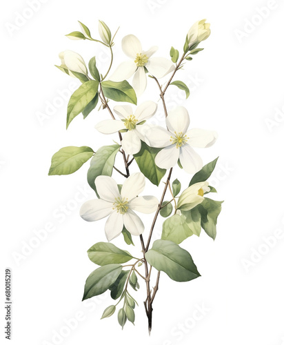 Illustration of branch white wild flowers on the white background. Bouquet in pastel color © Oksana