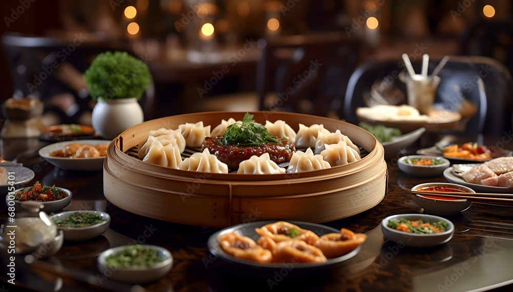 set of dimsum and chinese food on the table.AI generative