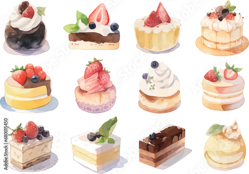 水彩で描いたいろいろなケーキのイラスト