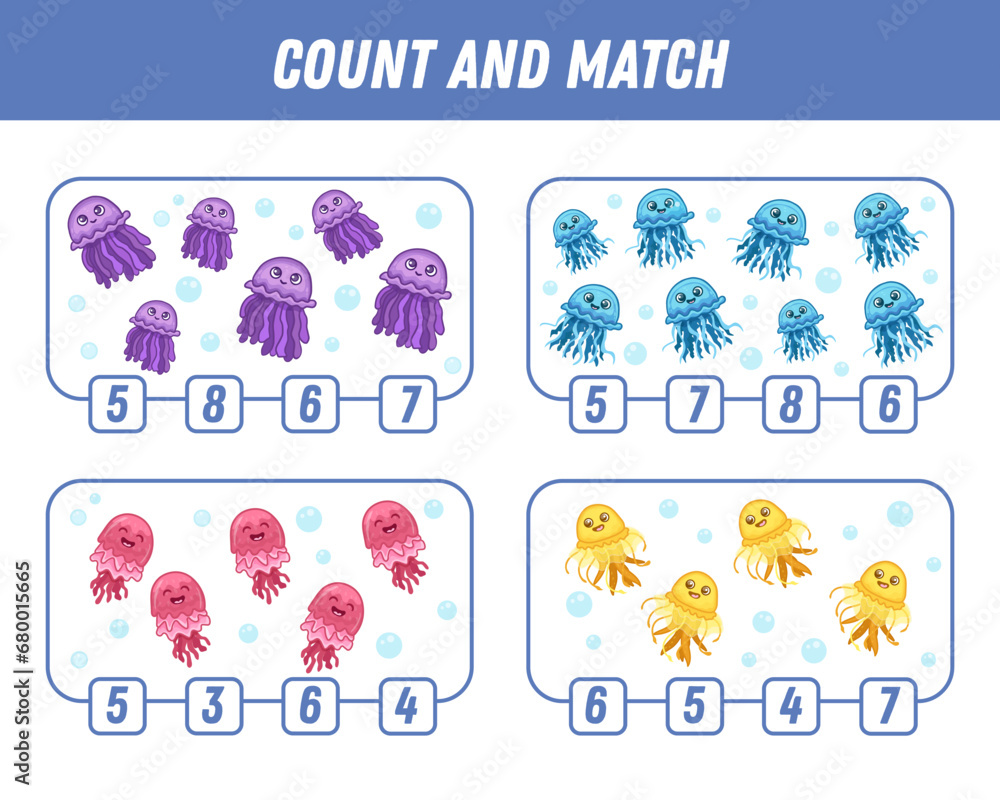 Education game for children count and match of cute cartoon jellyfish, printable worksheet. Vector Education game for children count and match of cute cartoon jellyfish, printable worksheet. Vector
