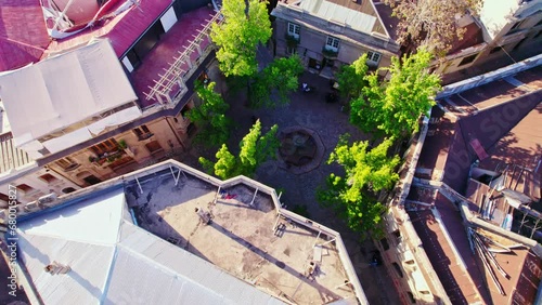 Aerial Drone Fly Above Cobblestone Square Landmark in Concha y Toro Santiago de Chile Medieval Neighborhood