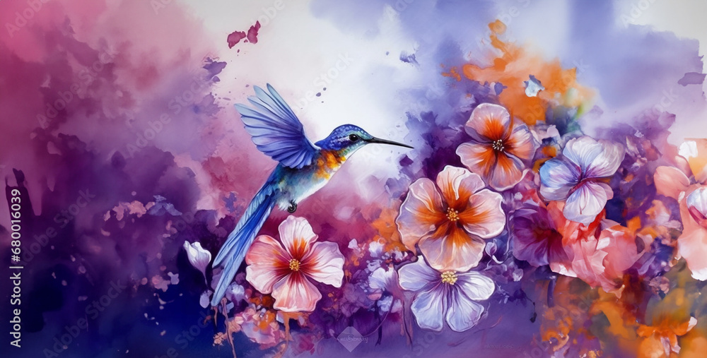 abstract watercolor background with butterflies, hummingbird blue hibiscus flowers purple art paint. Generative Ai content