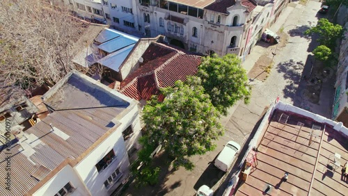 Aerial Drone Fly Above Latin American Colonial Neighborhood Streets in Santiago Chile, Barrio Concha y Toro