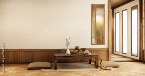 low table and pillow on tatami mat in wooden room japanese style.