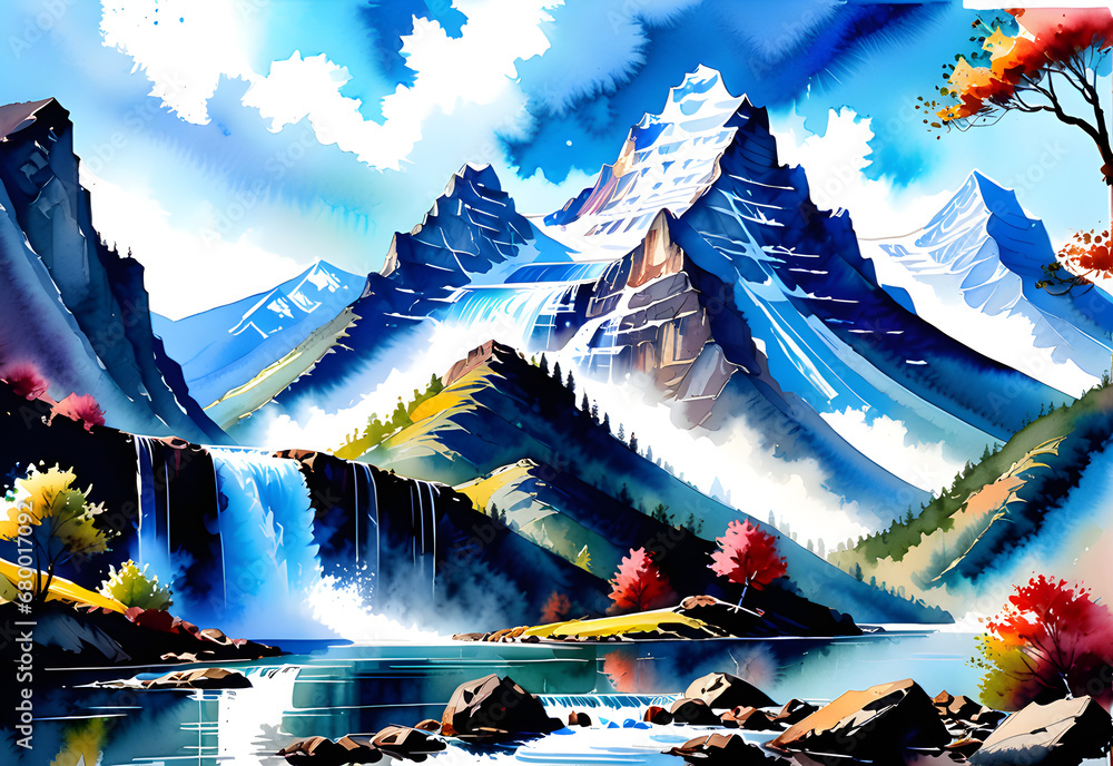 good,waterfall,watercolor,mountain,river,Generative AI