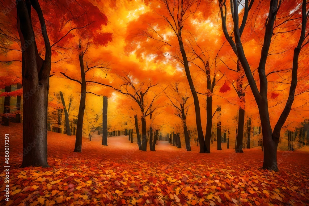 Imagine A vibrant autumn scene with trees ablaze in red, orange, and yellow leaves, creating a w