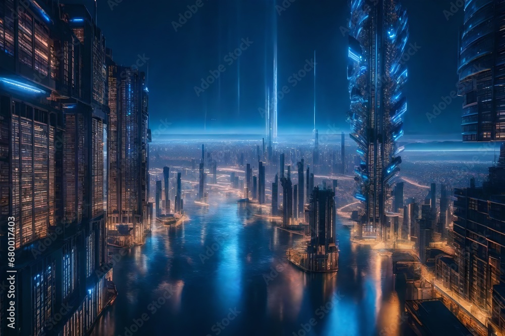 Imagine A surreal, floating cityscape in the clouds, with futuristic buildings and walkways suspended in an endless sky. --