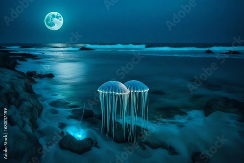 Imagine A surreal seascape with bioluminescent jellyfish lighting up the ocean depths beneath a full moon. --