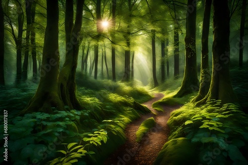 A lush, green forest bathed in the soft glow of morning sunlight, with dewdrops glistening on leaves. A n