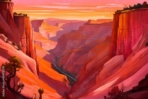 Imagine A canyon at sunrise, with the first light of day painting the rugged cliffs in shades of pink and orange. --