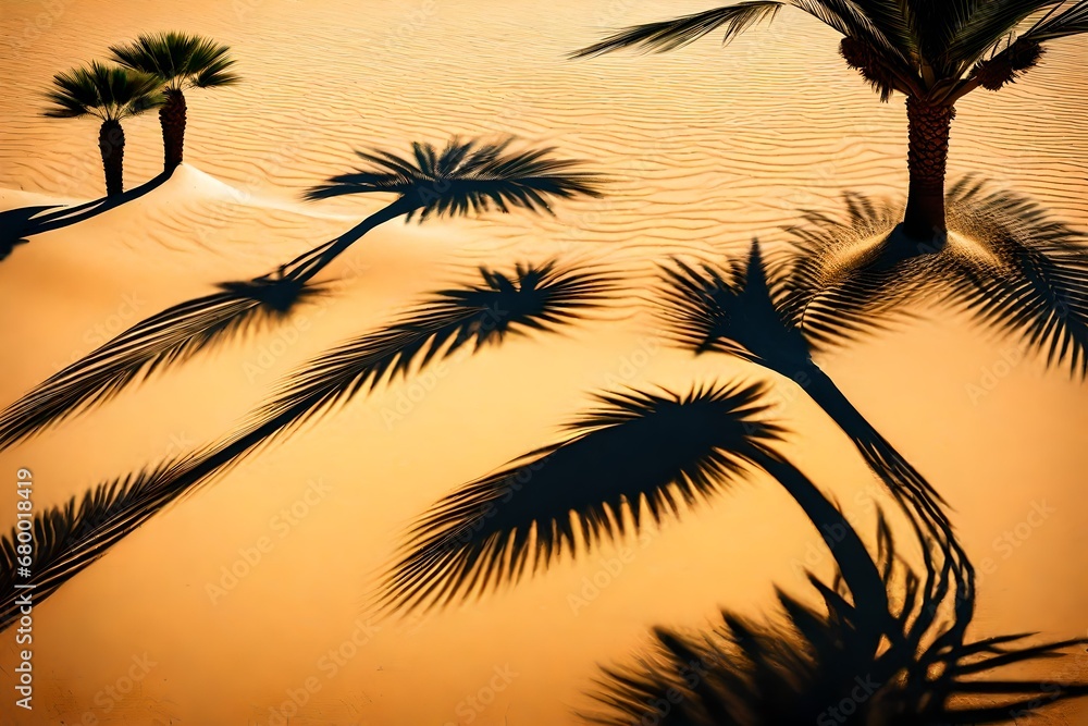 Imagine A surreal desert oasis, with palm trees casting long shadows on the sand and a shimmering oasis in the background. --