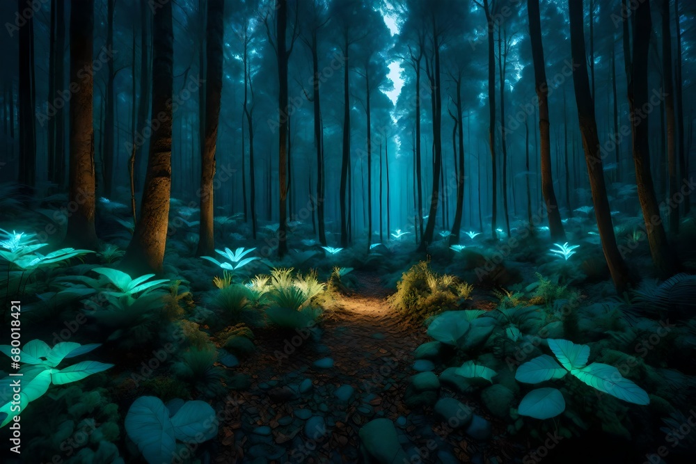 An otherworldly, bioluminescent forest at night, where vibrant colors emanate from the flora, casting an ethereal glow on the surrounding landscape. --