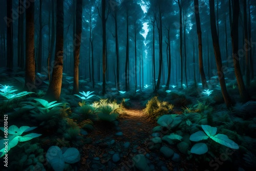 Obraz na płótnie An otherworldly, bioluminescent forest at night, where vibrant colors emanate from the flora, casting an ethereal glow on the surrounding landscape. -- w salonie