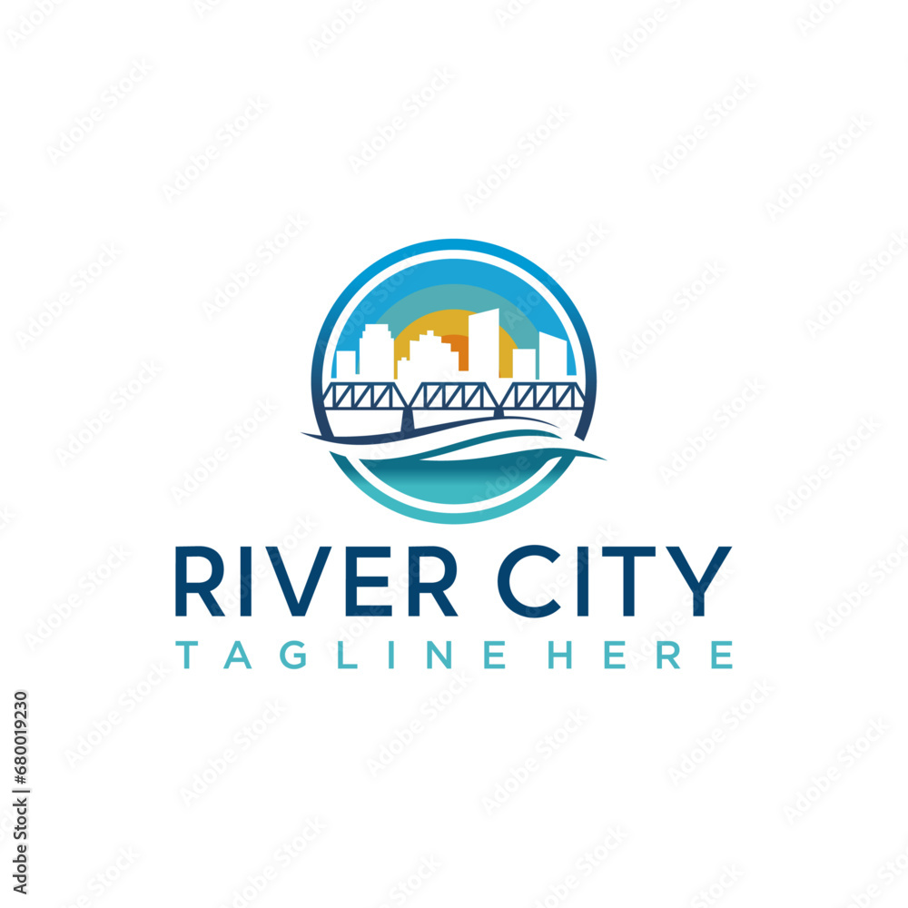 River city with Moon / Sun Background Buildings Logo Design Vector, River City With Bridge Logo Design Inspiration River city with Moon / Sun Background Buildings Logo Design Vector, River City With Bridge Logo Design Inspiration