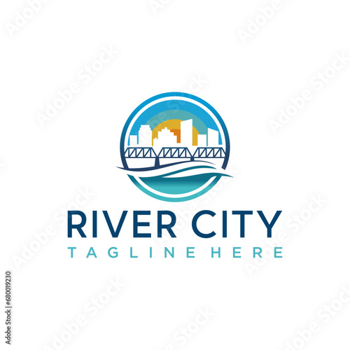 River city with Moon / Sun Background Buildings Logo Design Vector, River City With Bridge Logo Design Inspiration	