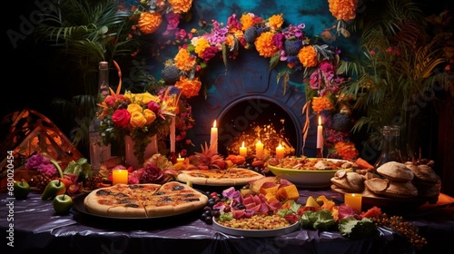 A festive setting with Thai Chicken Pizza as the centerpiece, surrounded by colorful props and decorations.