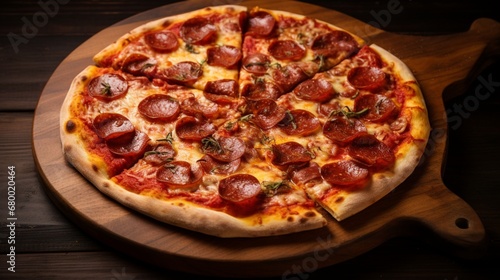 A freshly baked pepperoni and mushroom pizza with a perfectly crispy and thin crust.