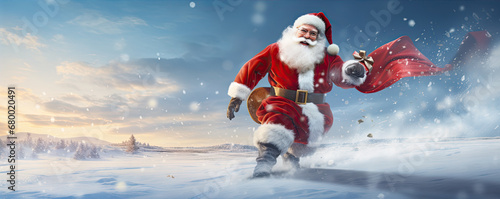 Santa Claus running with gifts boxes