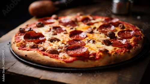 A freshly baked pepperoni and mushroom pizza with a perfectly crispy and thin crust.