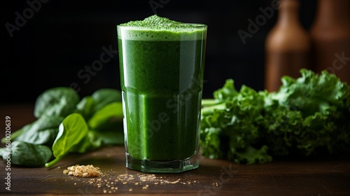 A glass of freshly blended green kale and spinach juice, showcasing its vibrant green hue.