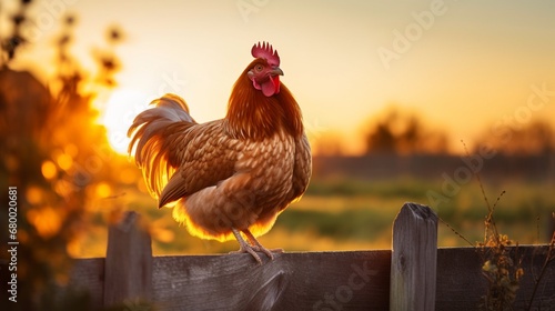 A golden-hour shot of a contented hen perched on a fence, with the warm hues of the setting sun casting a soft glow on the scene.
