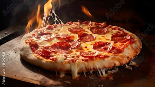 A hot and steamy pepperoni pizza emerging from the oven, with cheese bubbling and pepperoni curling.