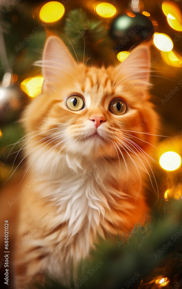 A cute cat among the decorated branches of the Christmas tree