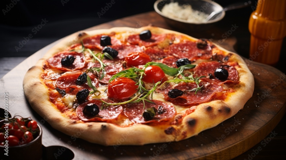 A mouthwatering pepperoni and black olive pizza with a drizzle of olive oil glistening in the light.