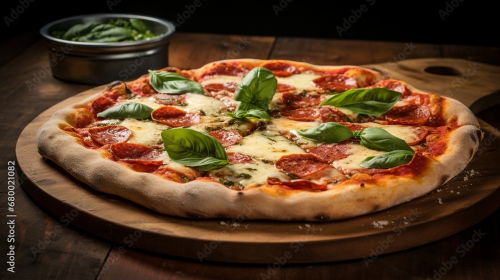 A mouthwatering pepperoni and jalape?+/-o pizza with a dusting of Parmesan and fresh basil leaves.