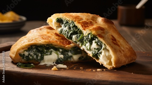 A mouth-watering angle capturing the layers of a Calzone, with ricotta and spinach peeking out from the golden-brown crust. photo