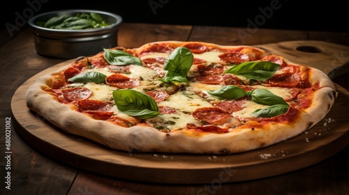 A mouthwatering pepperoni and jalape?+/-o pizza with a dusting of Parmesan and fresh basil leaves.
