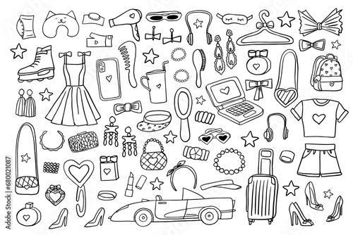 Barbiecore set in doodle style. Trendy set, cute doll aesthetic accessories, car and clothing. Caddy cabriolet for Barbie girl. Suitcase, headphones,
perfume, rollers, sunglasses, handbag. Hand drawn.