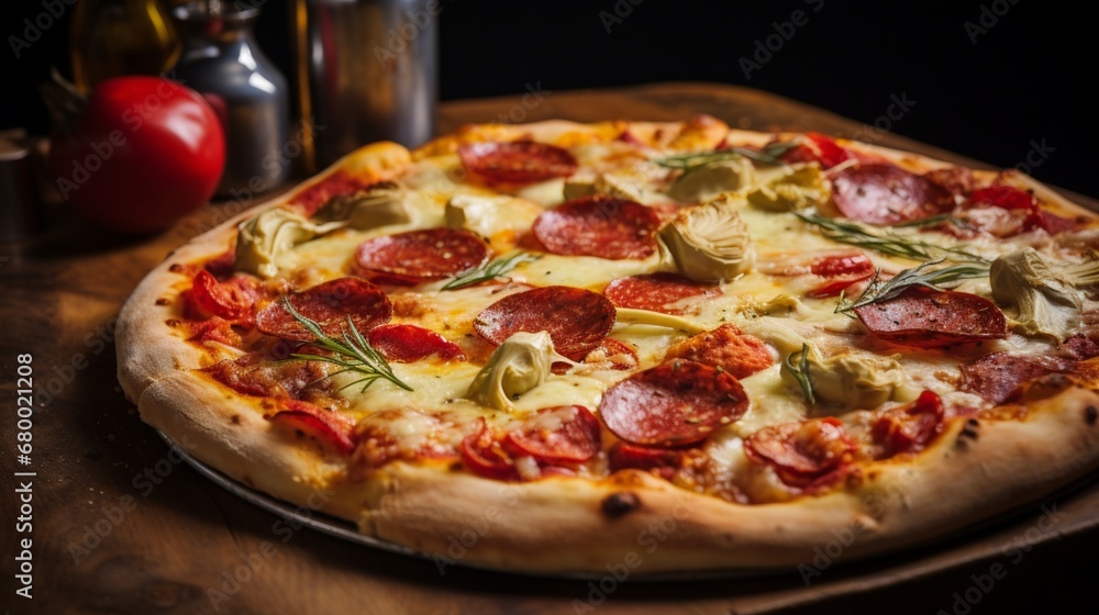 A pepperoni and artichoke heart pizza, captured in natural light to accentuate its textures.