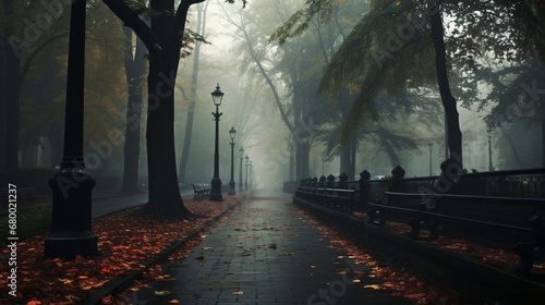 Misty street along dark autumn park in overcast