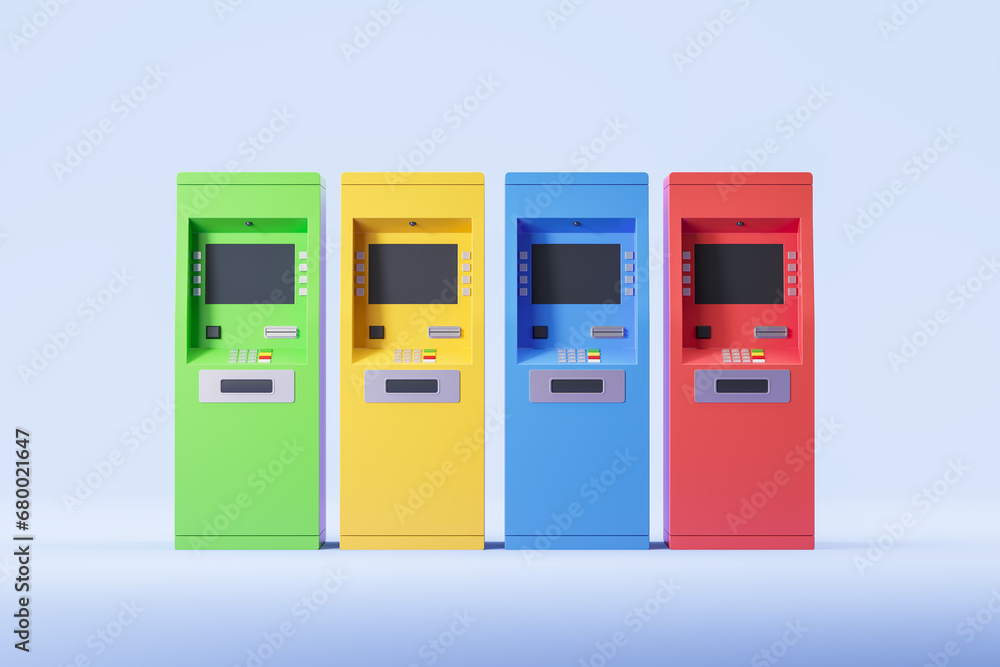 Naklejka premium Colorful ATM banks in row on light blue background, cash concept
