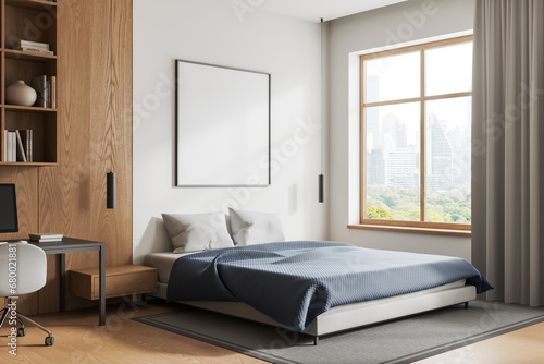 Elegant home bedroom interior bed and workspace  panoramic window. Mockup frame