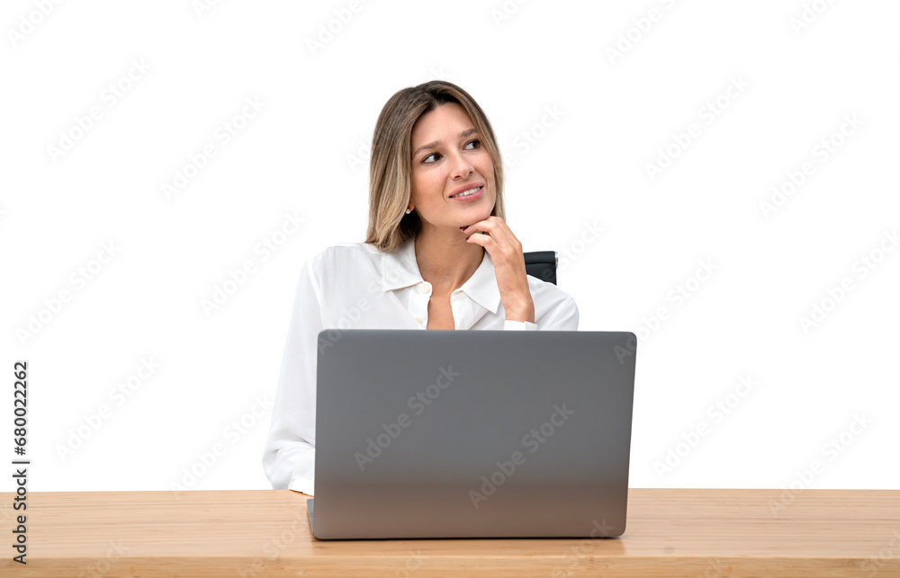 Businesswoman with laptop on desk, smiling. Isolated over white background Businesswoman with laptop on desk, smiling. Isolated over white background