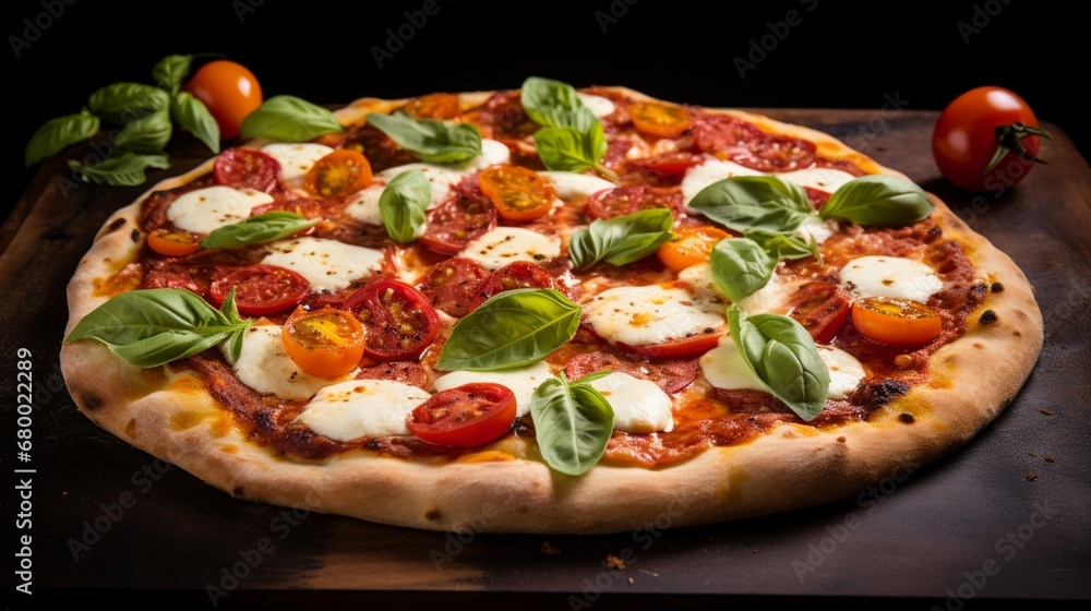 A pepperoni and caprese pizza with vibrant tomatoes and fresh mozzarella, reminiscent of a classic Italian salad.