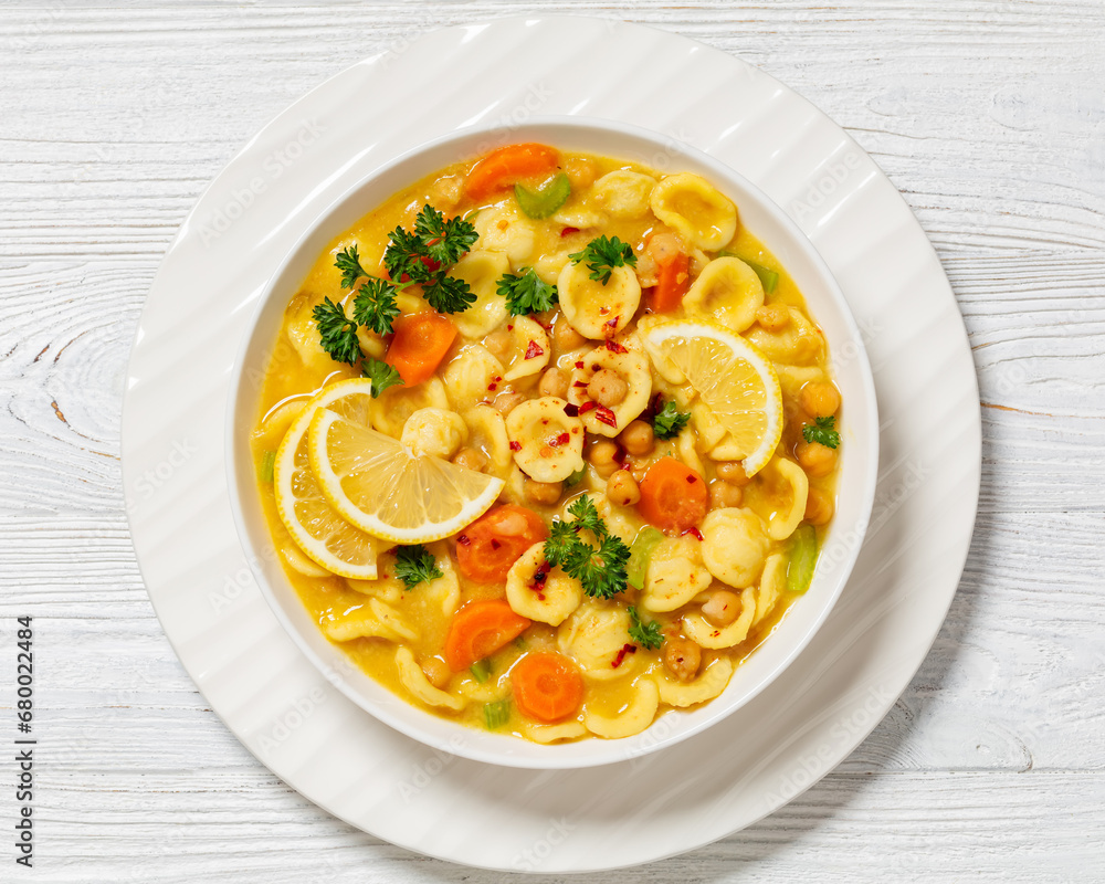 orecchiette pasta chickpea soup in white bowl orecchiette pasta chickpea soup in white bowl