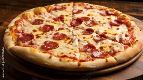 A pepperoni and cheese pizza with a beautifully golden-brown crust  oozing with melted mozzarella.