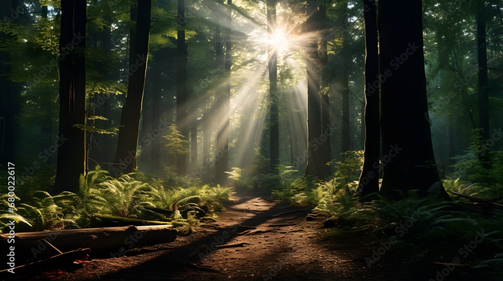 Sunrays Piercing Through a Misty Forest Pathway