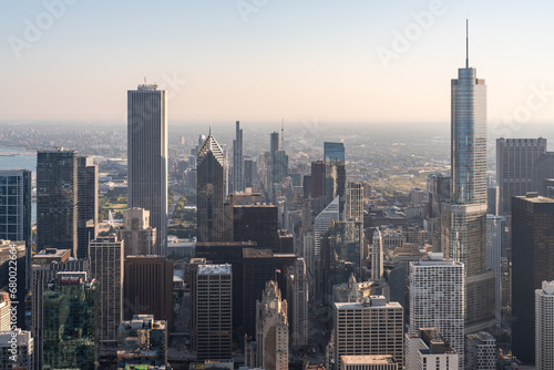 Chicago city skyscrapers drone aerial view, lake Michigan and horizon line